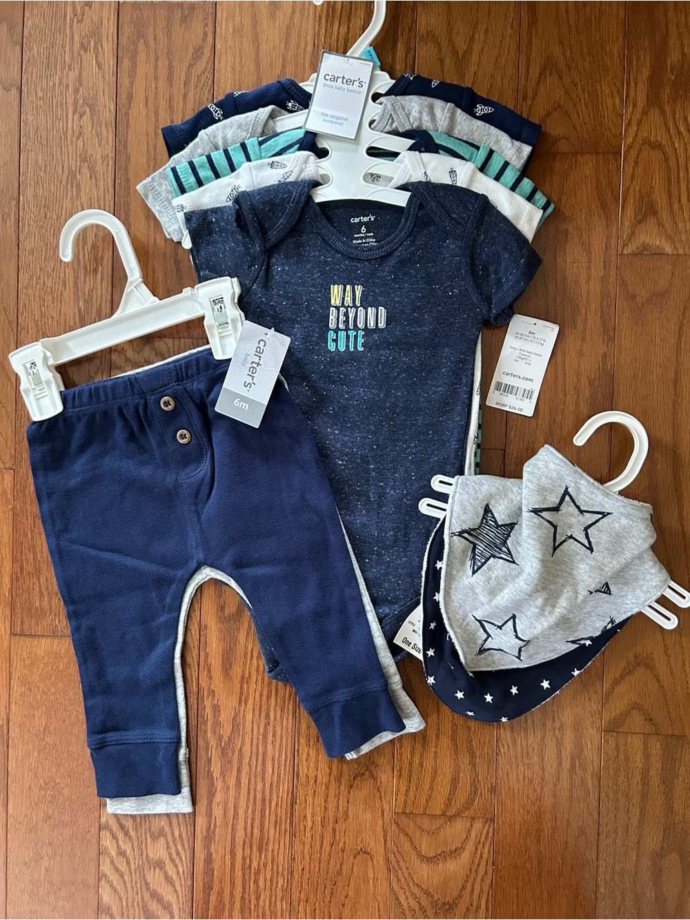 Carter's Navy 5 Piece Bodysuit Set, 2 Pair Bottoms & 2 Bibs Bundle 6M NWT